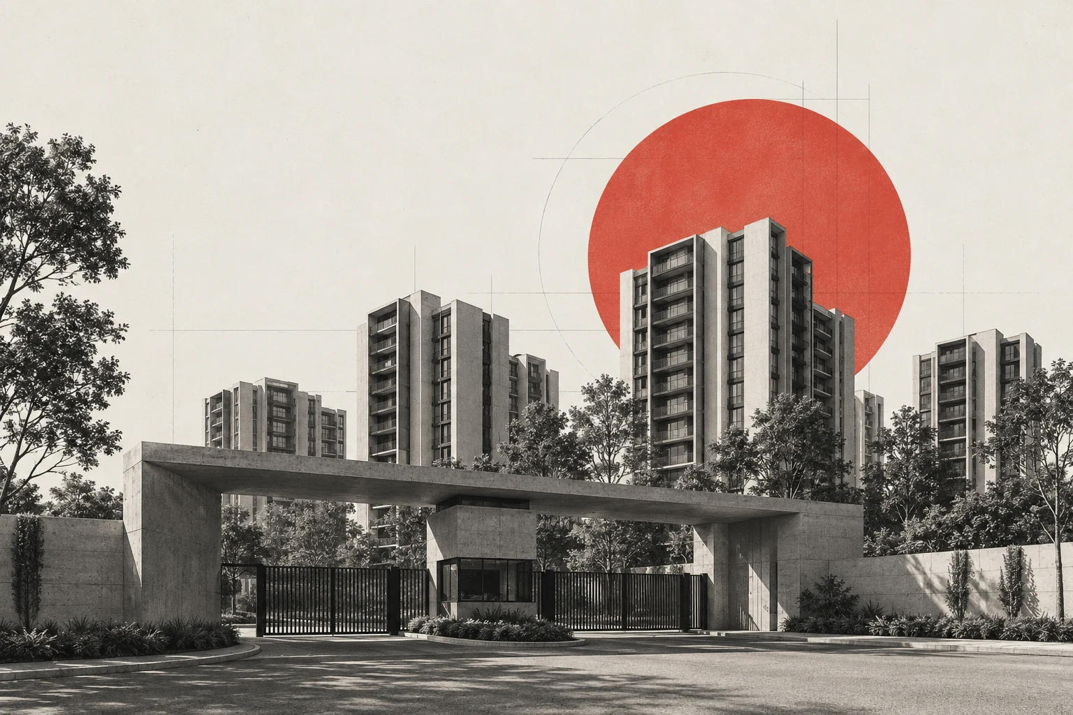 Illustrative modern township entrance and residential towers in monochrome, with a red sun and architectural drafting lines.